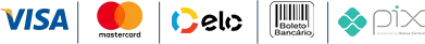 Visa, Mastercard, Elo, Boleto e Pix